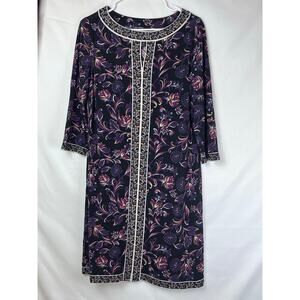 Maggy London Women 10 Black Floral Print Slip On 3/4 Sleeve Vacation Beach Dress